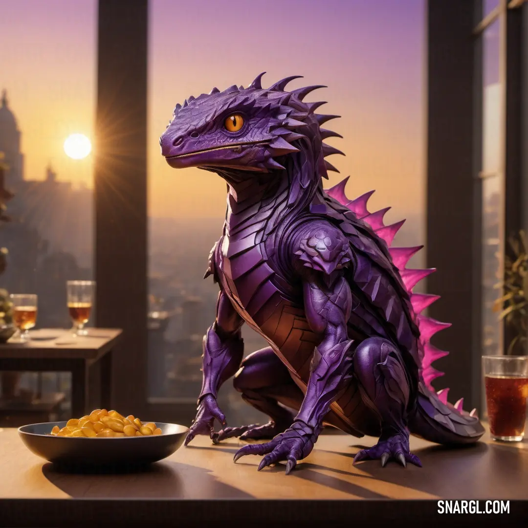 Purple dragon statue on a table next to a bowl of food and a glass of wine in front of a window. Example of CMYK 53,99,0,0 color.