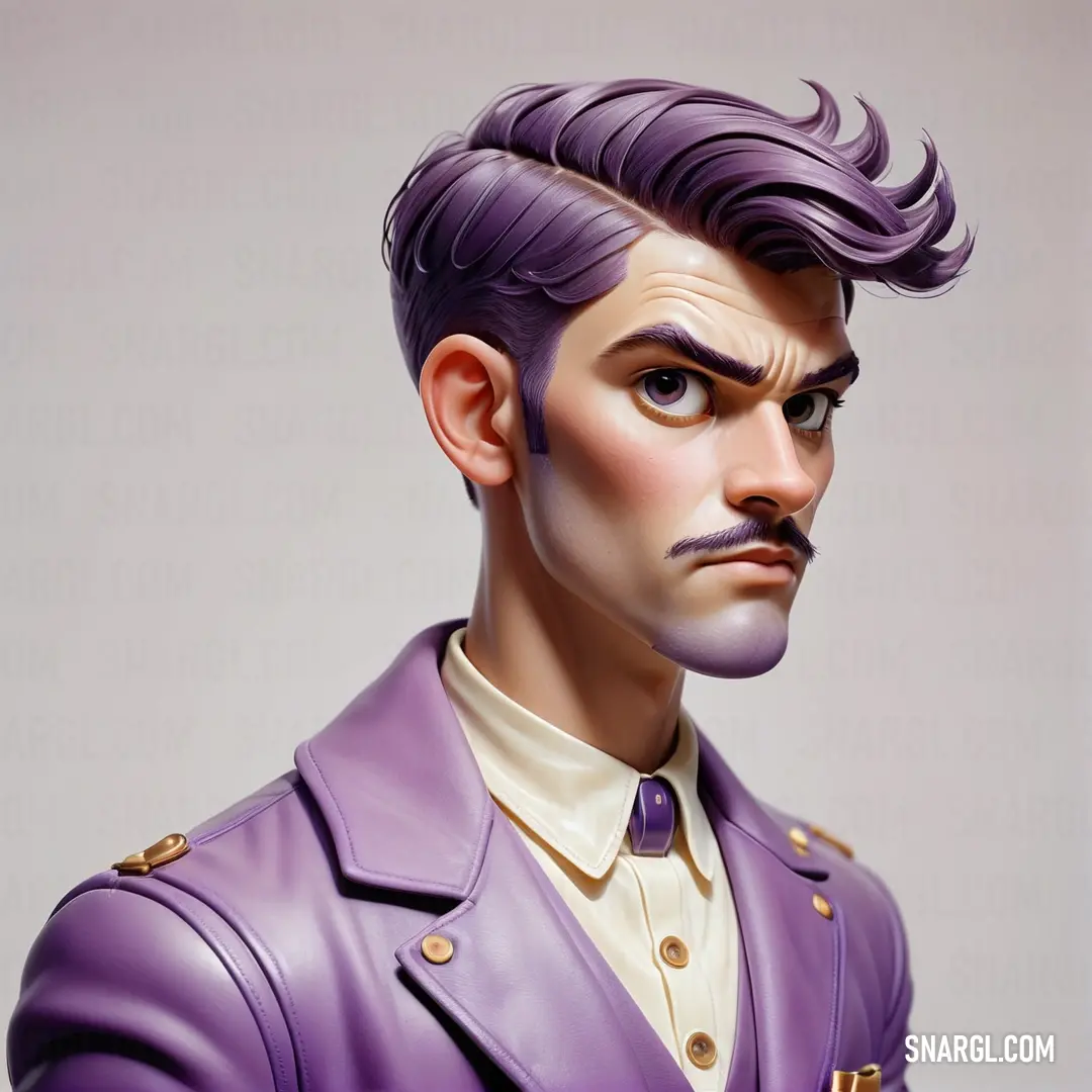 Man with a purple suit and a white shirt and a purple haircut and a mustache and a white shirt. Color PANTONE 5135.