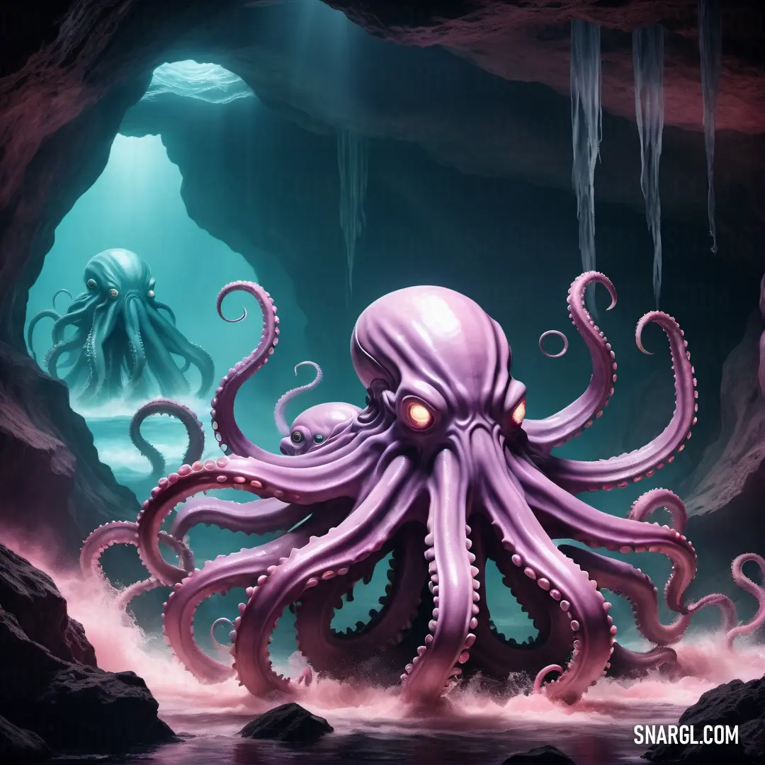 PANTONE 5135 color example: Octopus is in a cave with a light on it's face and a jellyfish in its mouth