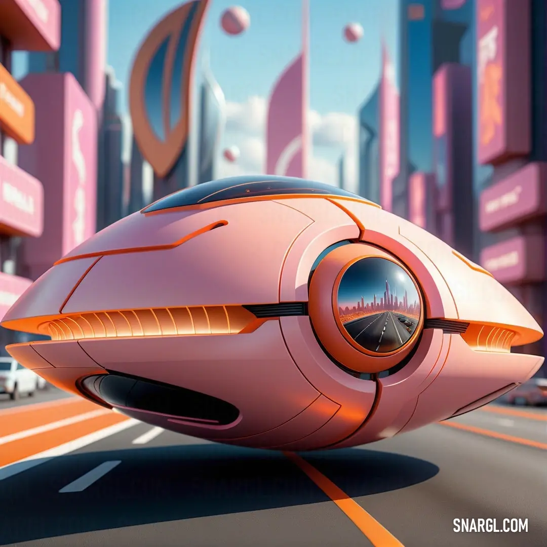 Futuristic vehicle is driving down the road in a futuristic city with pink buildings and orange lines on the street