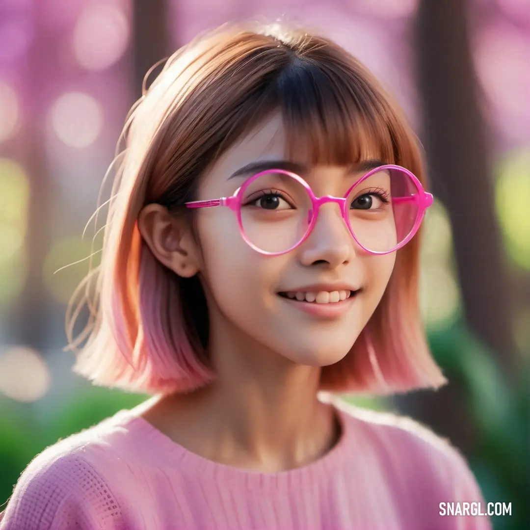 PANTONE 515 color. Girl with pink glasses and a pink sweater is smiling at the camera with a pink background