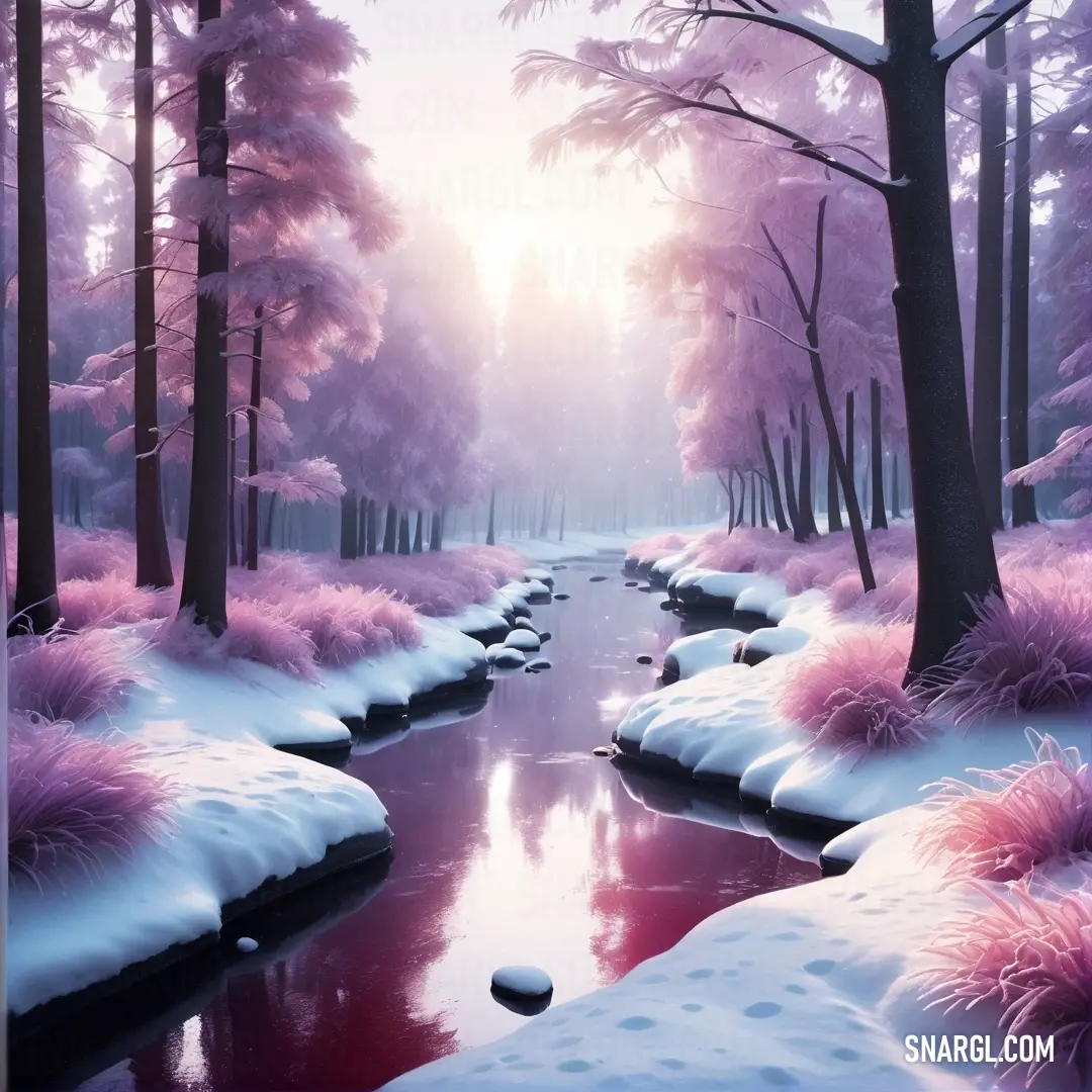 Painting of a stream in a snowy forest with pink flowers and trees on the bank of the stream. Color CMYK 8,42,0,0.