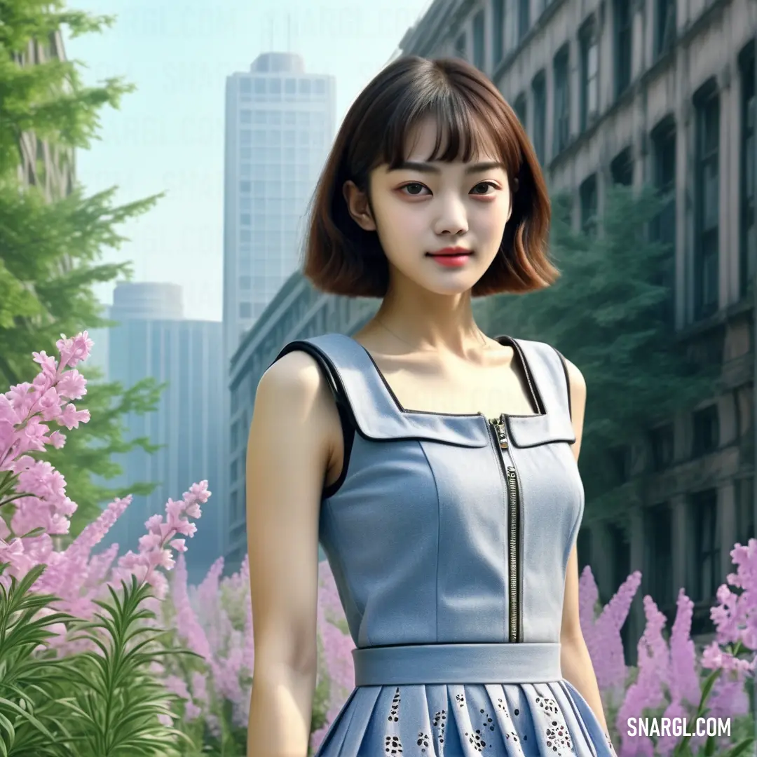 Woman in a blue dress standing in front of a building with pink flowers in the foreground and a cityscape in the background