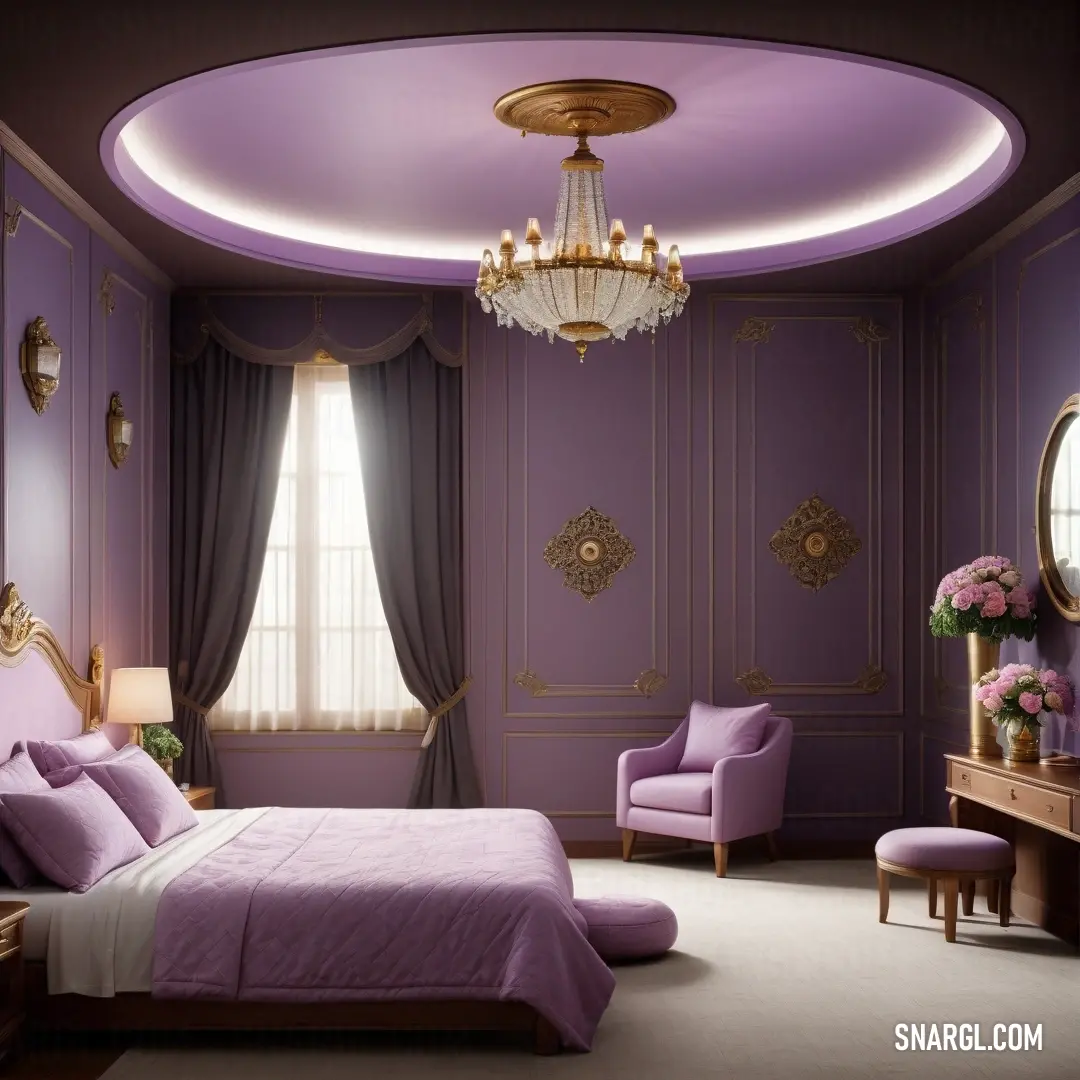Bedroom with a purple bed and a chandelier hanging from the ceiling and a purple chair in the corner. Color CMYK 13,31,2,8.
