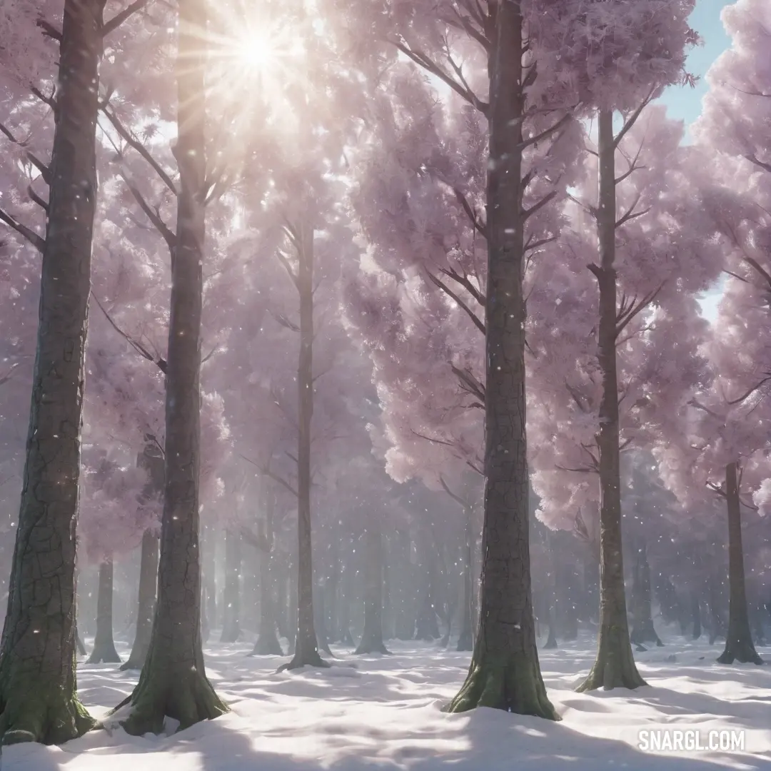 Snowy forest with pink trees and sun shining through the trees in the background. Example of CMYK 13,31,2,8 color.
