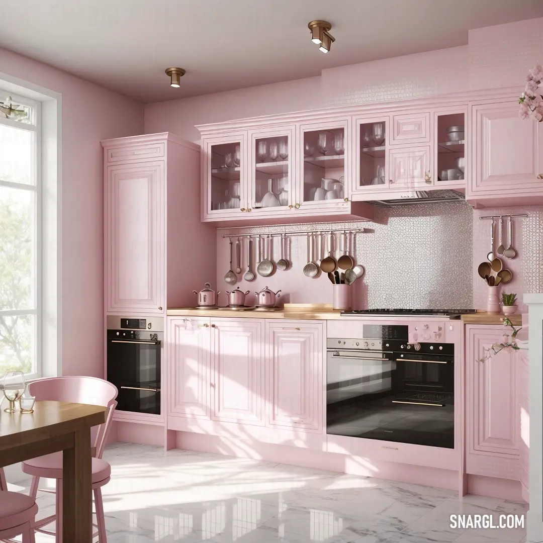 PANTONE 516 color example: Kitchen with pink cabinets and a table and chairs in it and a window in the background with a tree