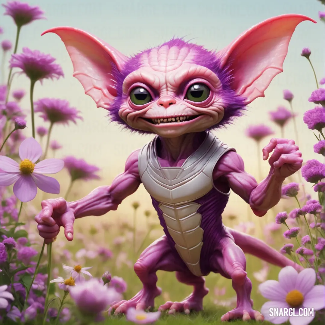 Cartoon character is standing in a field of flowers and daisies with a bat like face and body. Color PANTONE 517.