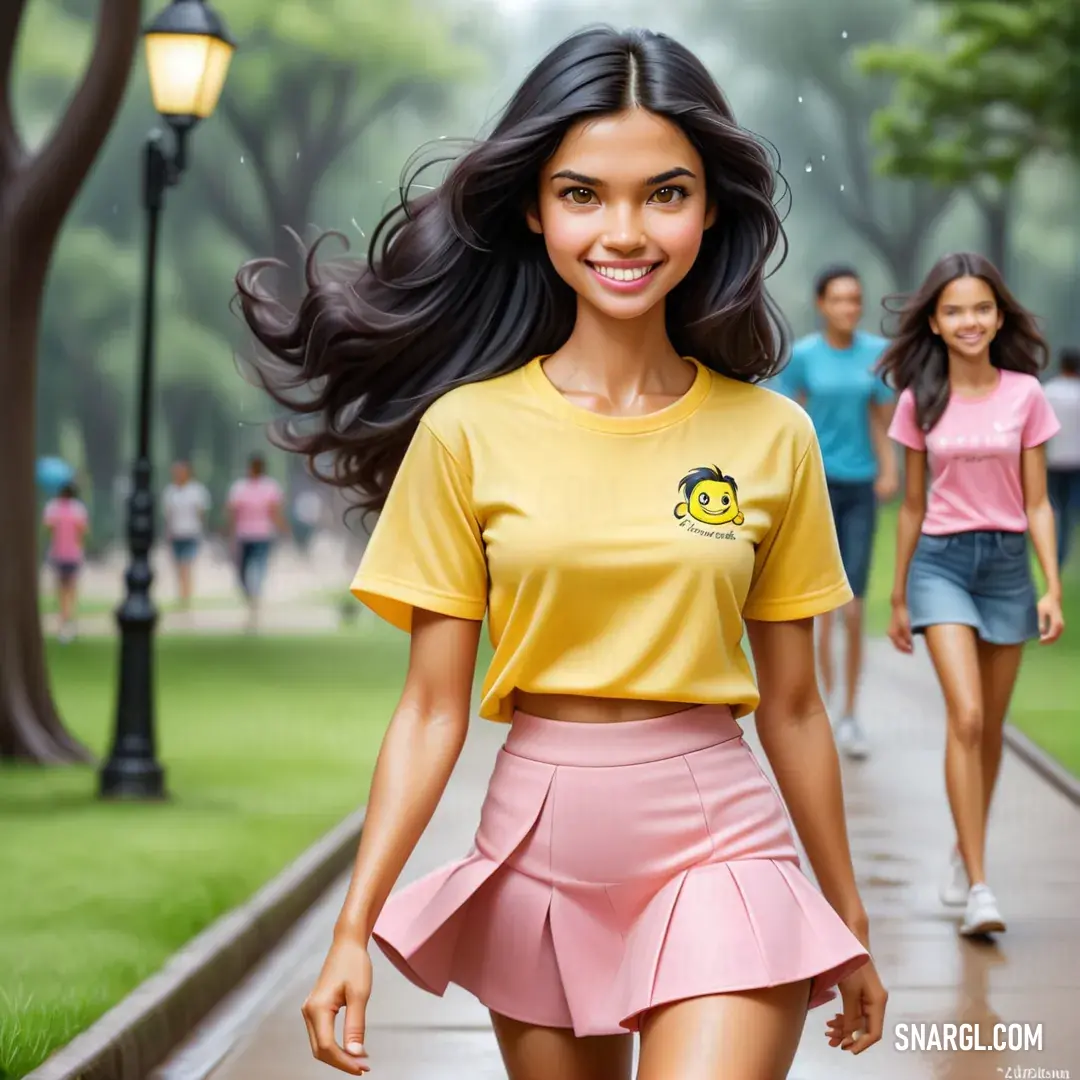 Woman walking down a sidewalk with a yellow shirt on and a pink skirt on her feet and a yellow shirt on her chest