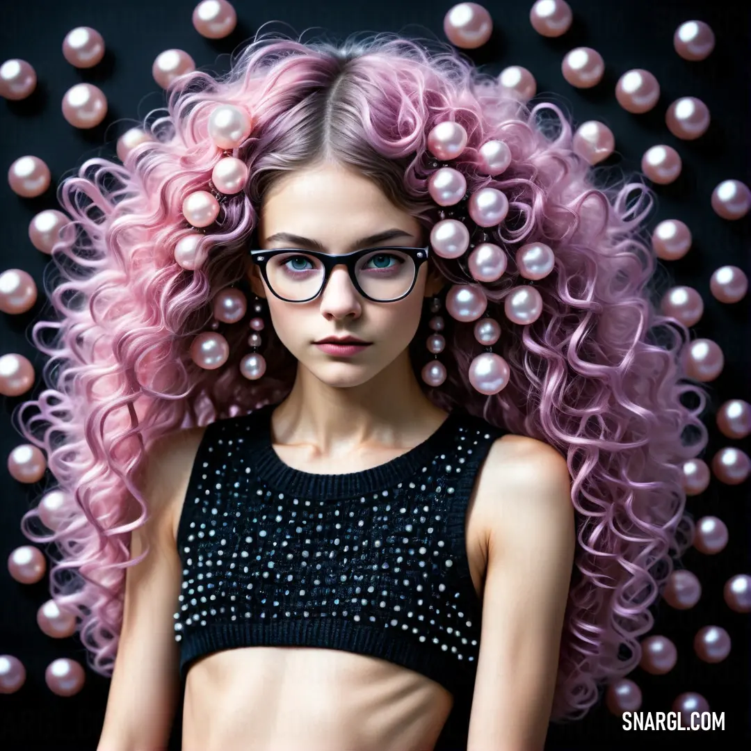 PANTONE 517 color example: Woman with pink hair and glasses is posing for a picture with pearls on her head and a black top