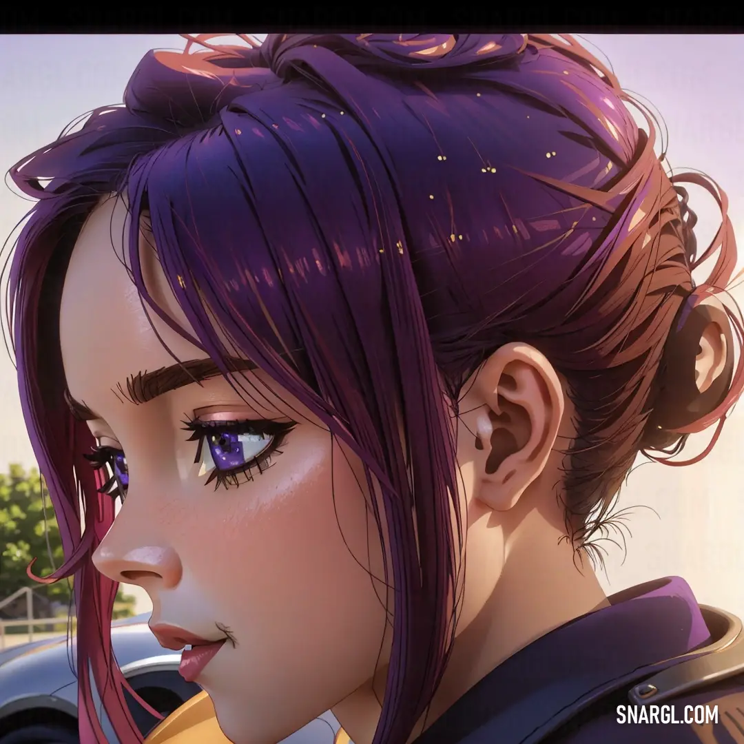 Close up of a person with purple hair and a car in the background. Example of PANTONE 518 color.