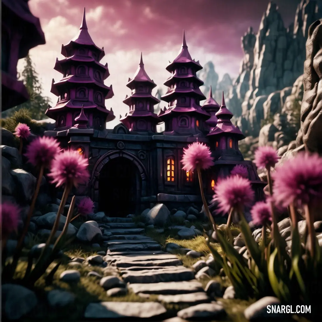 PANTONE 518 color. Fantasy castle with a pathway leading to it and flowers in front of it and a dark sky in the background