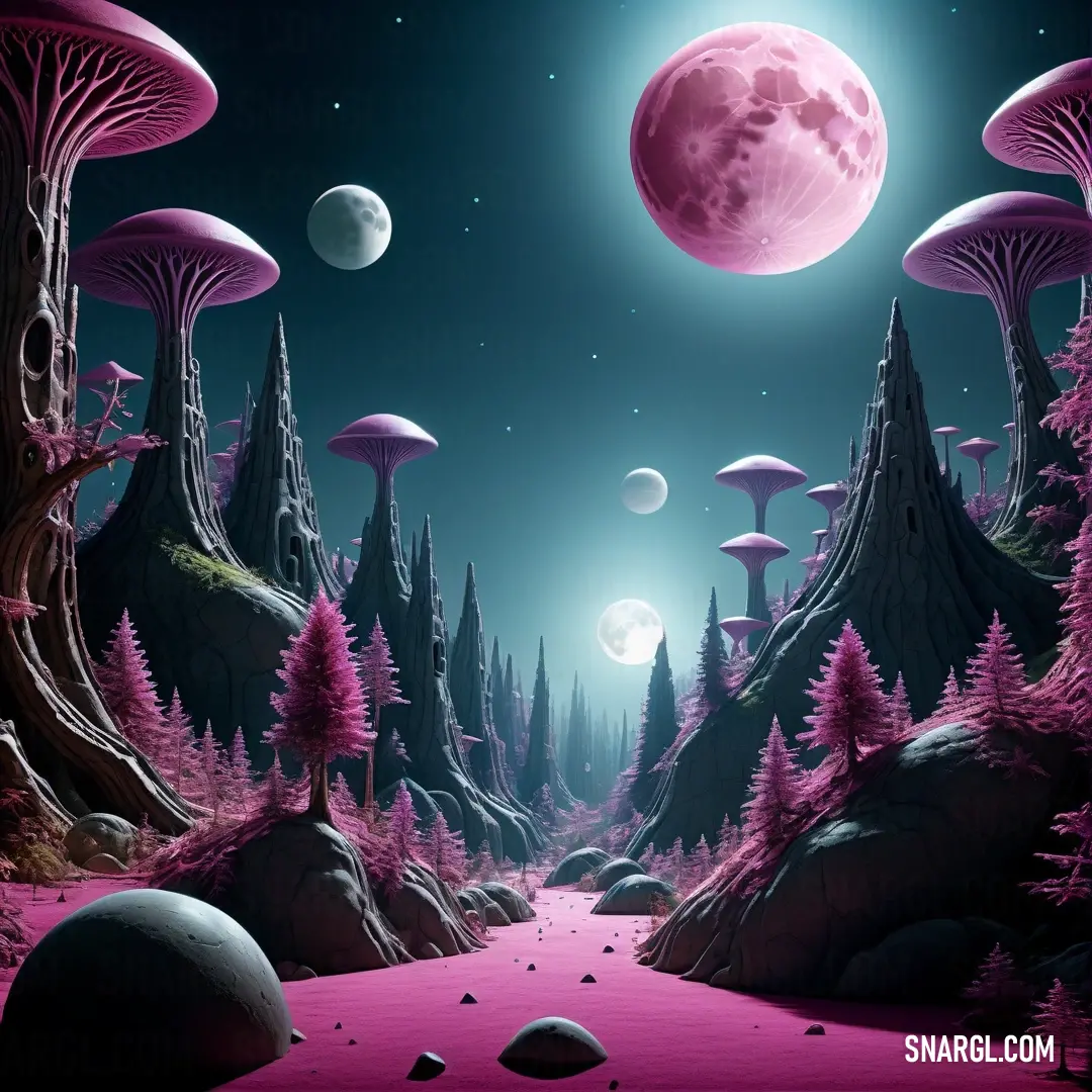 Surreal scene with a pink moon and trees and mushrooms in the background. Color RGB 73,49,64.