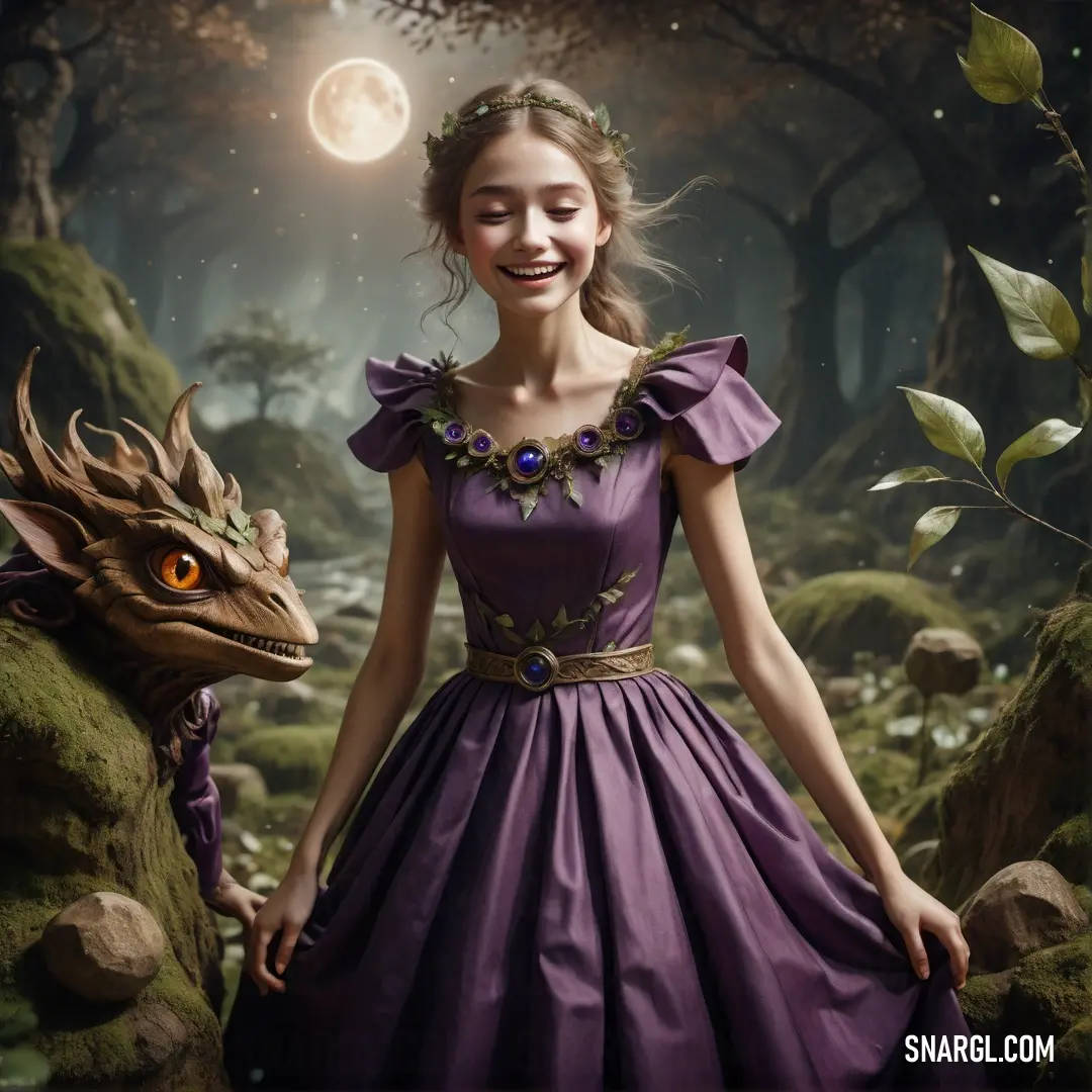Woman in a purple dress standing next to a dragon in a forest with a full moon in the background. Color PANTONE 5185.