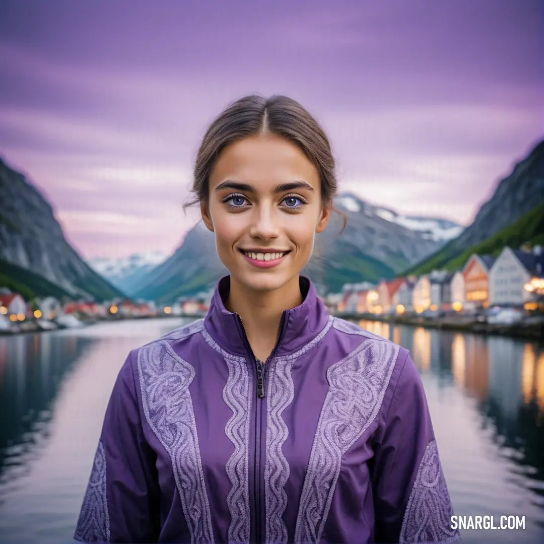 PANTONE 5185 color. Woman standing in front of a lake with mountains in the background