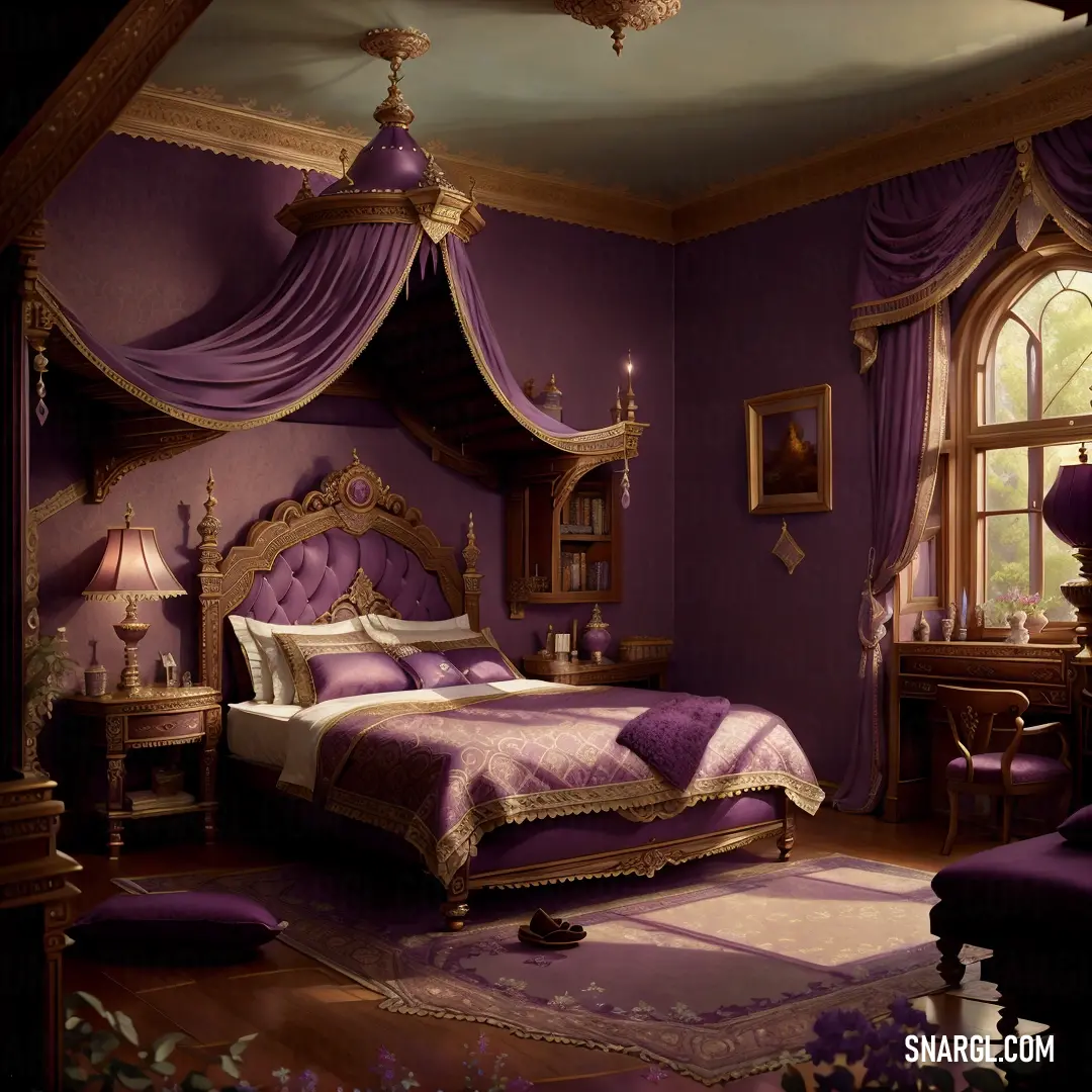 Bedroom with a purple bed and a purple chair and a window with curtains and a purple drapes. Color RGB 94,45,93.