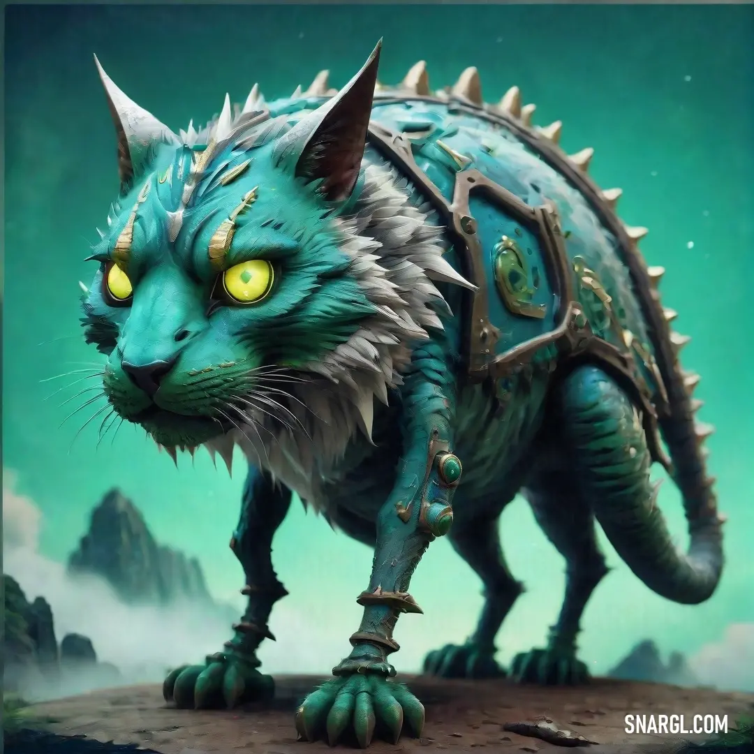 An otherworldly feline with piercing yellow eyes prowls atop a jagged rock, its vivid green body adorned with striking spikes. The luminescence of color #5E2D5D adds a bold flair, framing a scene filled with curiosity and intrigue amidst a fantastical lan