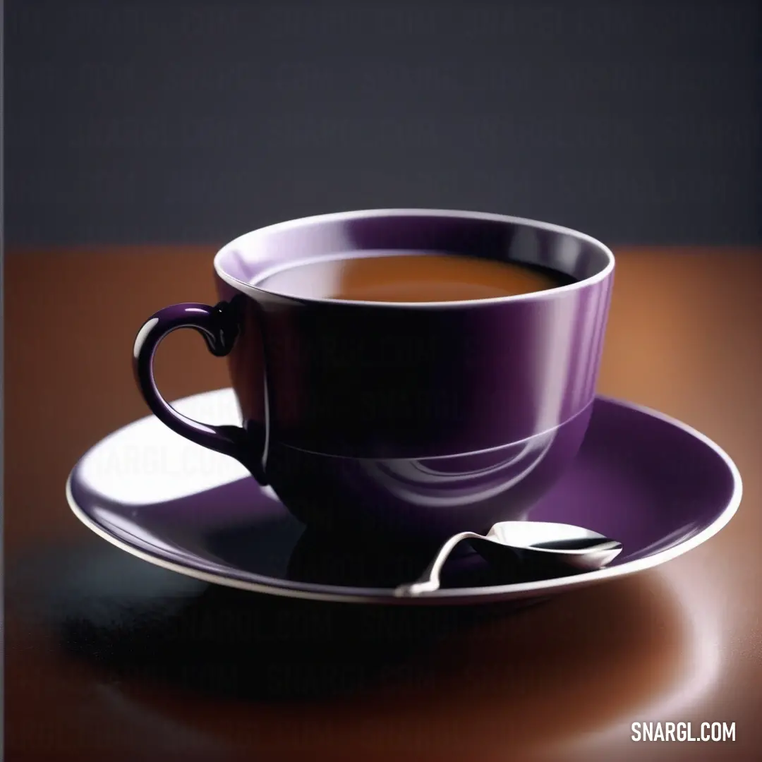 A comforting cup of coffee elegantly placed on a saucer, complete with a spoon, sitting atop a textured table against a dark background. The ambiance exudes warmth, perfect for enjoying a moment of tranquility.