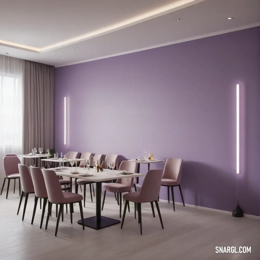 A stylish dining room featuring a vivid purple wall, complemented by a pristine white table and chairs, crafting a striking contrast that epitomizes modern elegance, represented by CMYK 65,95,9,40.