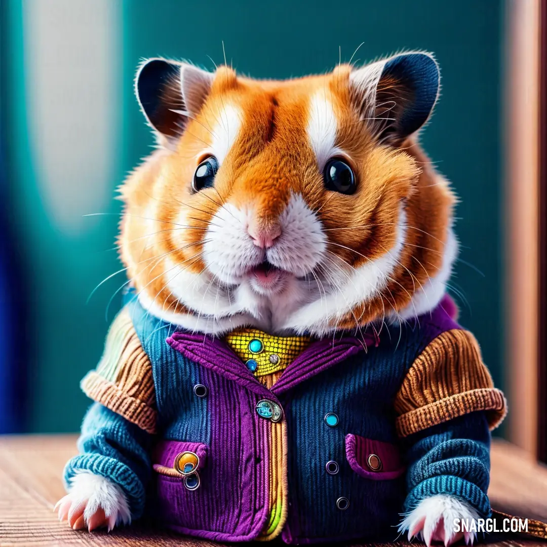 Hamster wearing a sweater and a hat on a table with a blue background. Example of CMYK 65,95,9,40 color.