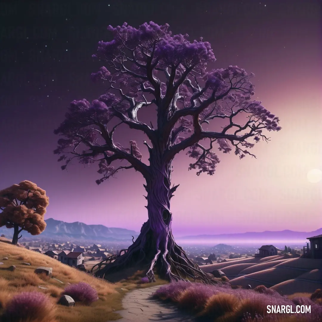 PANTONE 519 color. Painting of a tree in a field with a purple sky and a purple moon in the background