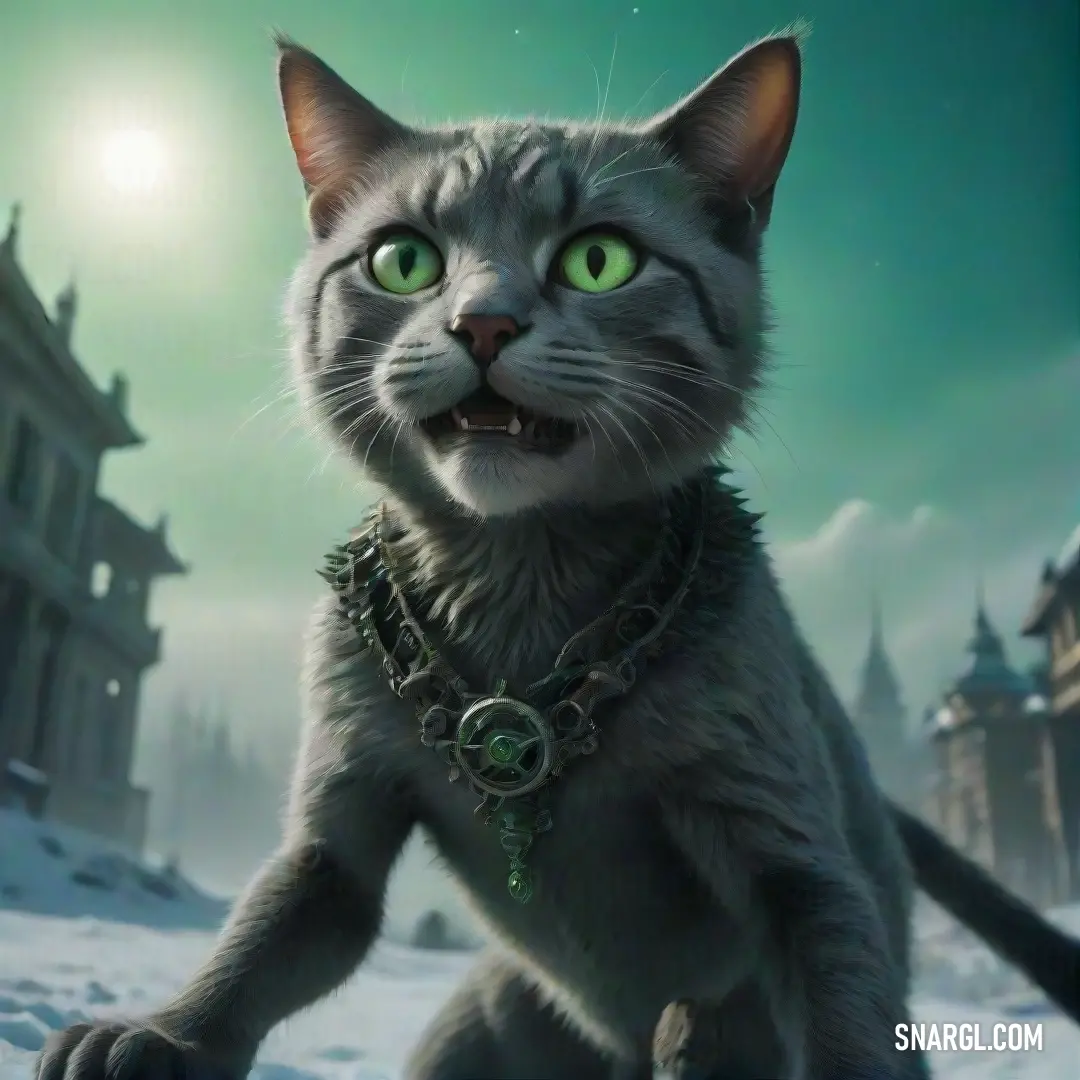 A regal cat with striking green eyes stands amidst a snowy wonderland, a chain draped around its neck, poised with elegance. The backdrop of a majestic castle forms an enchanting setting, evoking feelings of enchantment and nobility in the frosty air, emb