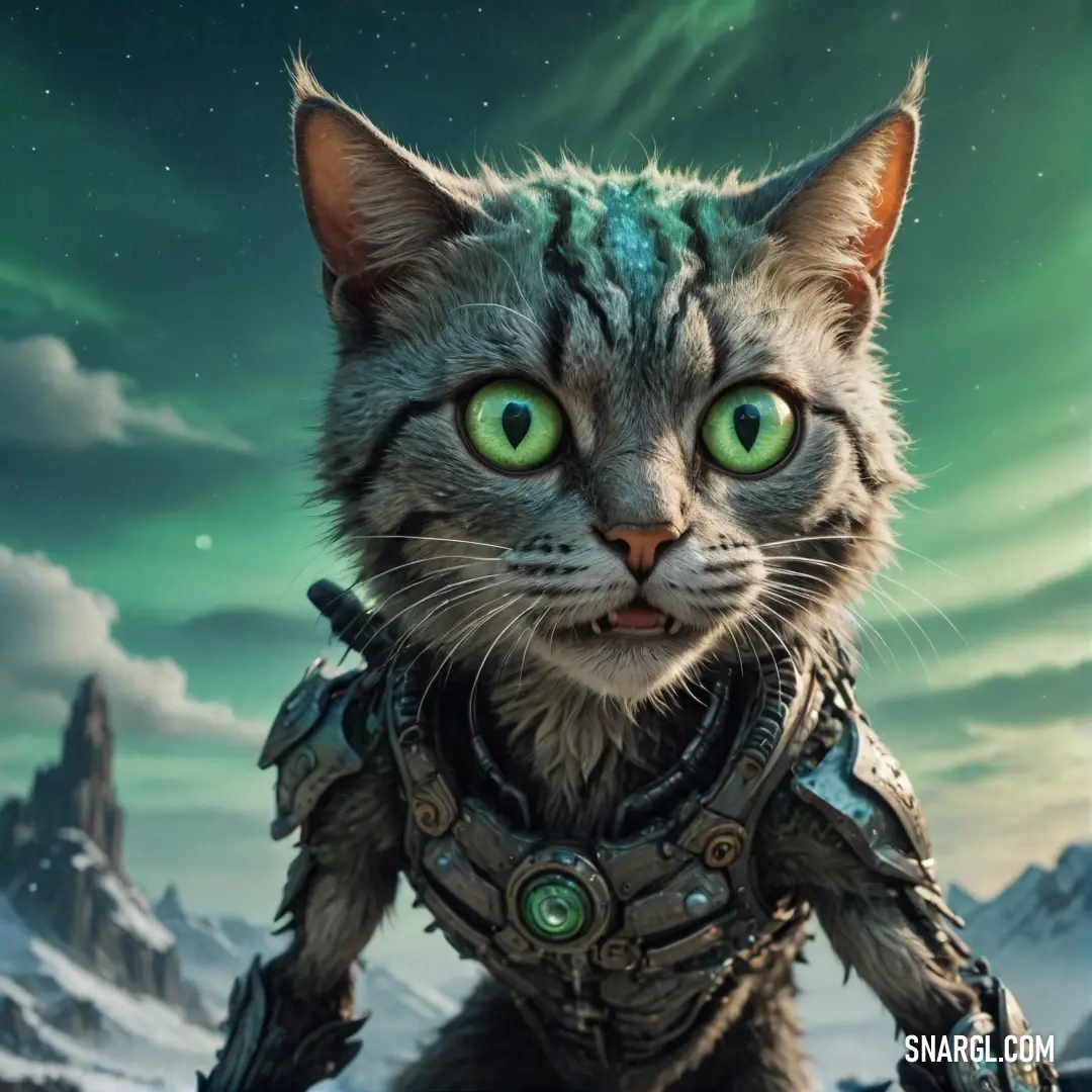 A distinguished cat with radiant green eyes, dressed in a sophisticated suit, stands poised in a snowy landscape, a majestic mountain rising behind it. The enchanting RGB 94,45,93 colors add charm, creating a captivating winter scene steeped in elegance.