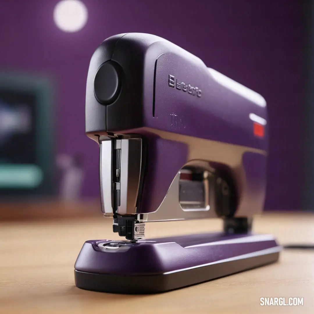 A detailed close-up of a sewing machine, showcasing its intricate components against a rich purple background that expertly highlights the deep hues, visualized by the RGB color 94,45,93.