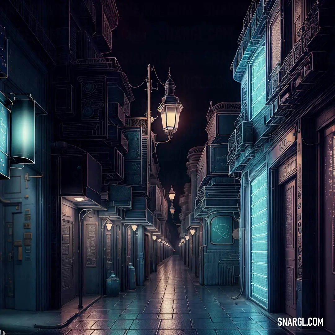 A dark alley at night, with a streetlight casting a dim glow. A lantern rests against a building wall, adding a touch of warmth to the cool night air, all painted in the deep tones of PANTONE 519.