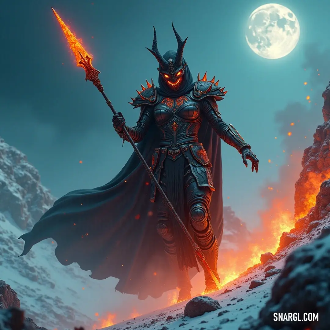 A stunning visual of a man in a sleek black suit standing atop a mountain, sword drawn and facing a demon under a full moon. The scene's dramatic contrasts amplify the tension and the heroic undertone of this epic confrontation. CMYK color reference: 65, 