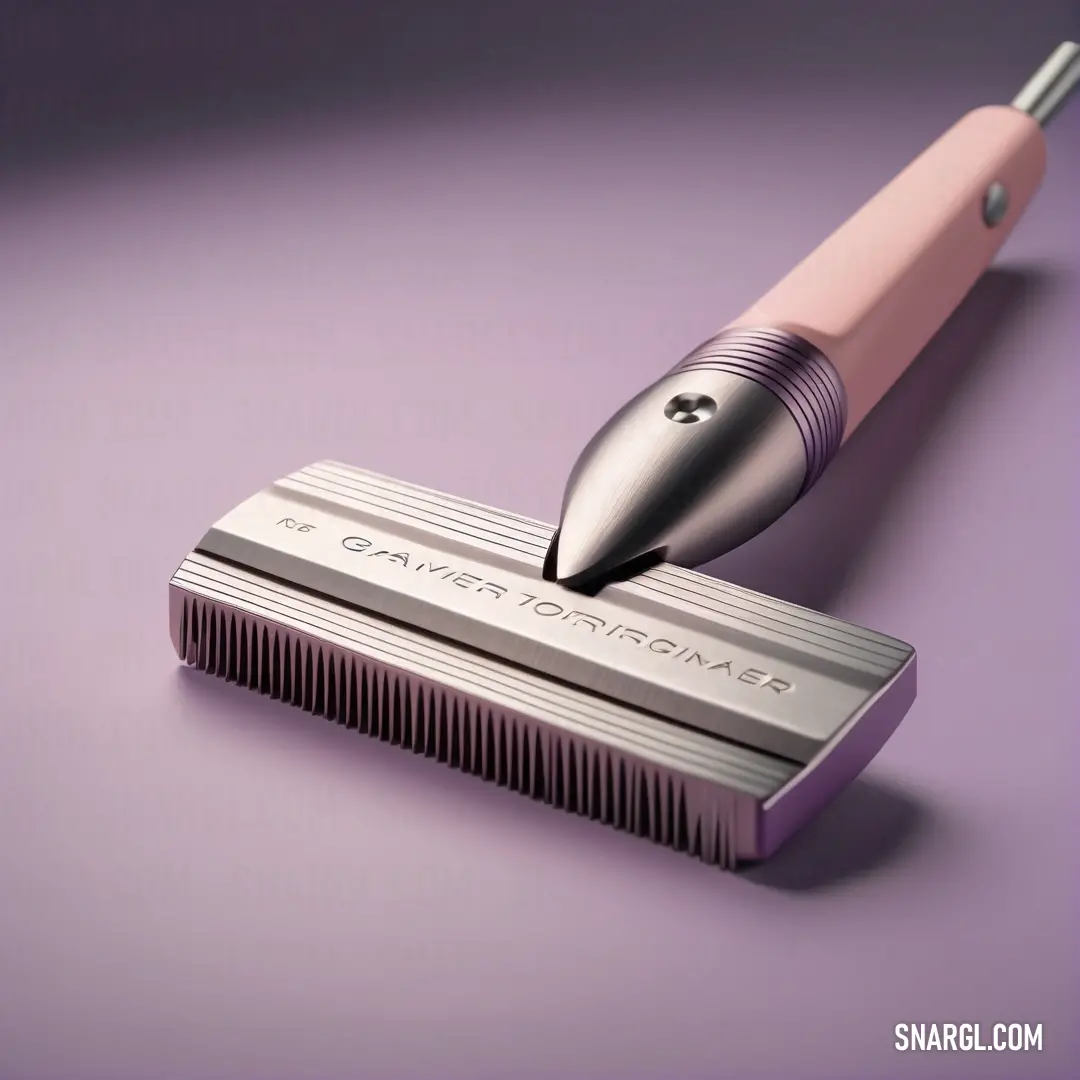 An elegant pink and silver comb rests attractively against a rich purple backdrop, showcasing a vibrant contrast that enhances its shiny silver handle and tip, embodying a sense of modern luxury.