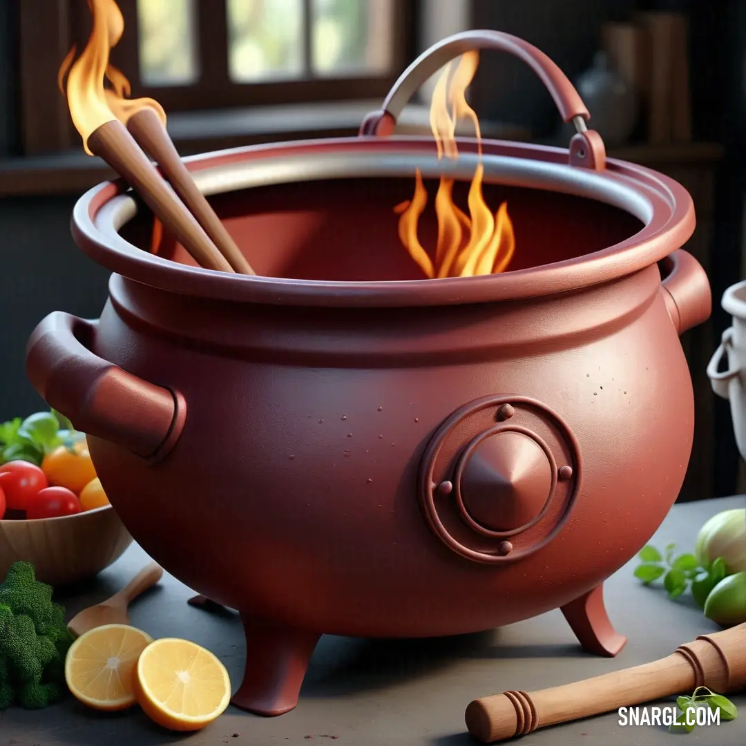 A traditional pot with a flickering fire sits next to a fresh bowl overflowing with fruits and vegetables on a rustic table. The warm glow of the fire adds a cozy touch, inviting culinary creativity and comfort.