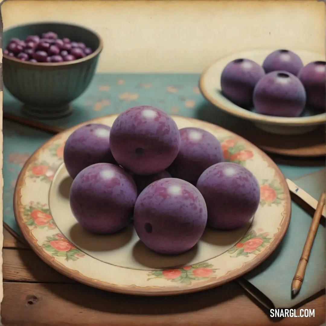 Plate of plums and a bowl of berries on a table with a fork and knife and spoon. Example of RGB 94,45,93 color.