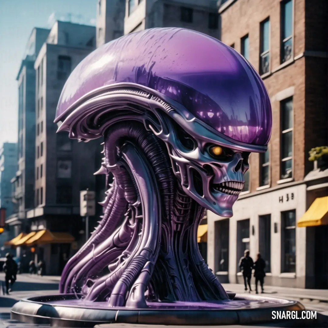 Purple alien head statue on a city street with people walking by it and buildings in the background. Example of PANTONE 519 color.