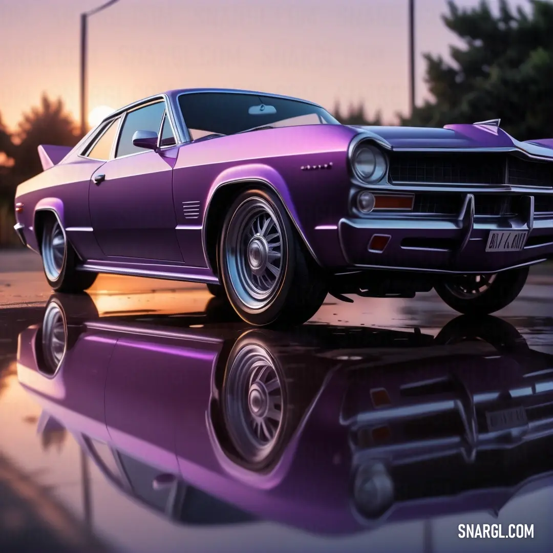 Purple car is parked on a reflective surface in the sun set, with a street light in the background. Color RGB 94,45,93.