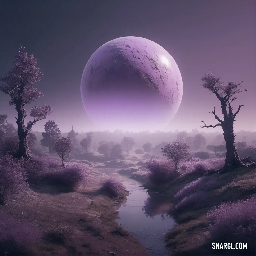 Purple landscape with a river and trees in the foreground and a distant planet in the background. Color #5E2D5D.