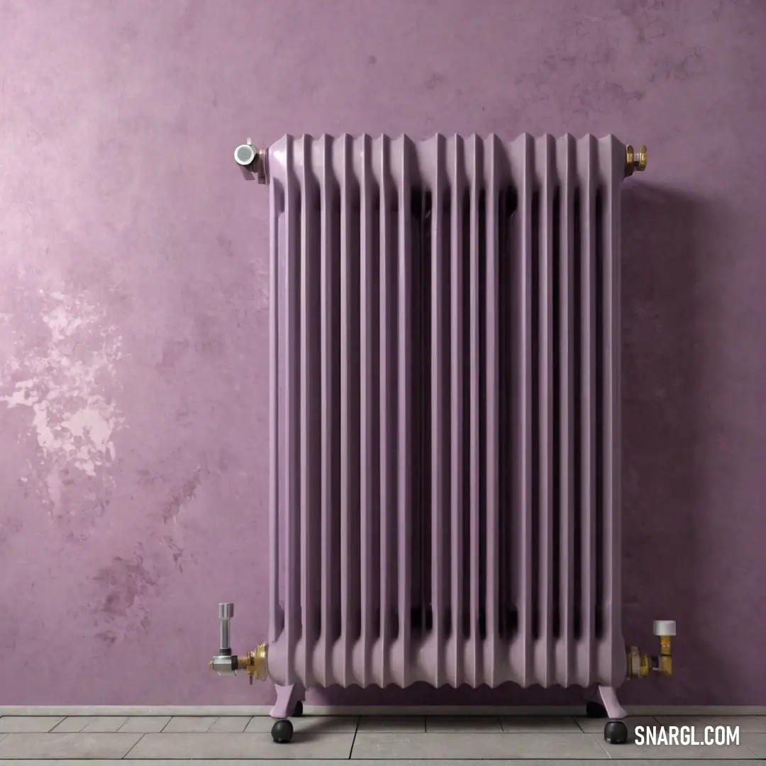 In a room with all purple hues, a purple radiator stands against a matching purple wall, blending seamlessly into the backdrop. The white tile floor adds a refreshing contrast, making this design bold yet calm.