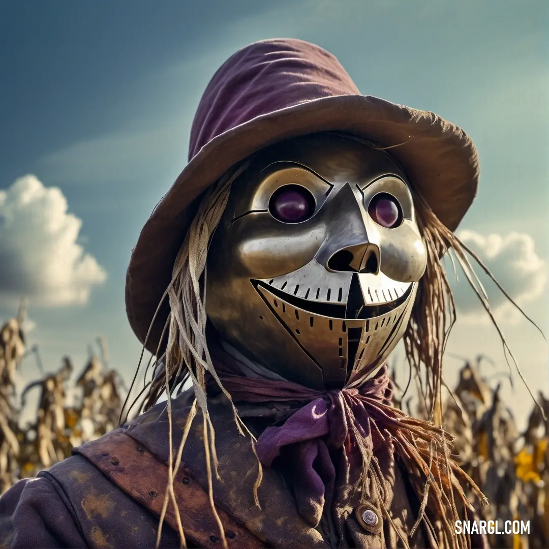 A whimsical scarecrow sporting a vibrant purple scarf and hat, standing guard over a bountiful garden, brought to life with the rich tones of CMYK 65,95,9,40, exuding an aura of rural charm.