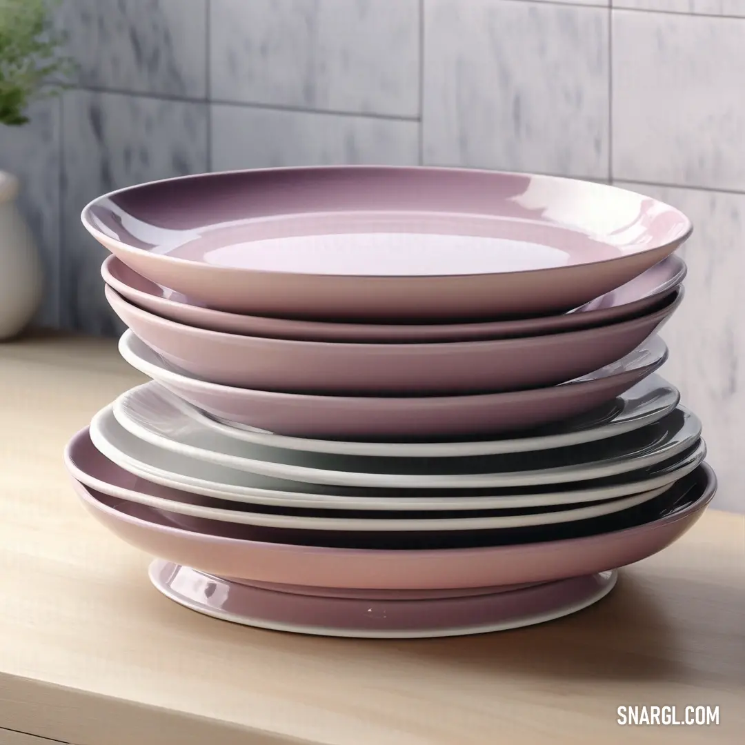 An inviting display of plates stacked neatly on a wooden table, accompanied by a vase of fresh flowers and a small, lush plant. The combination of textures and colors creates a cozy and welcoming setting.