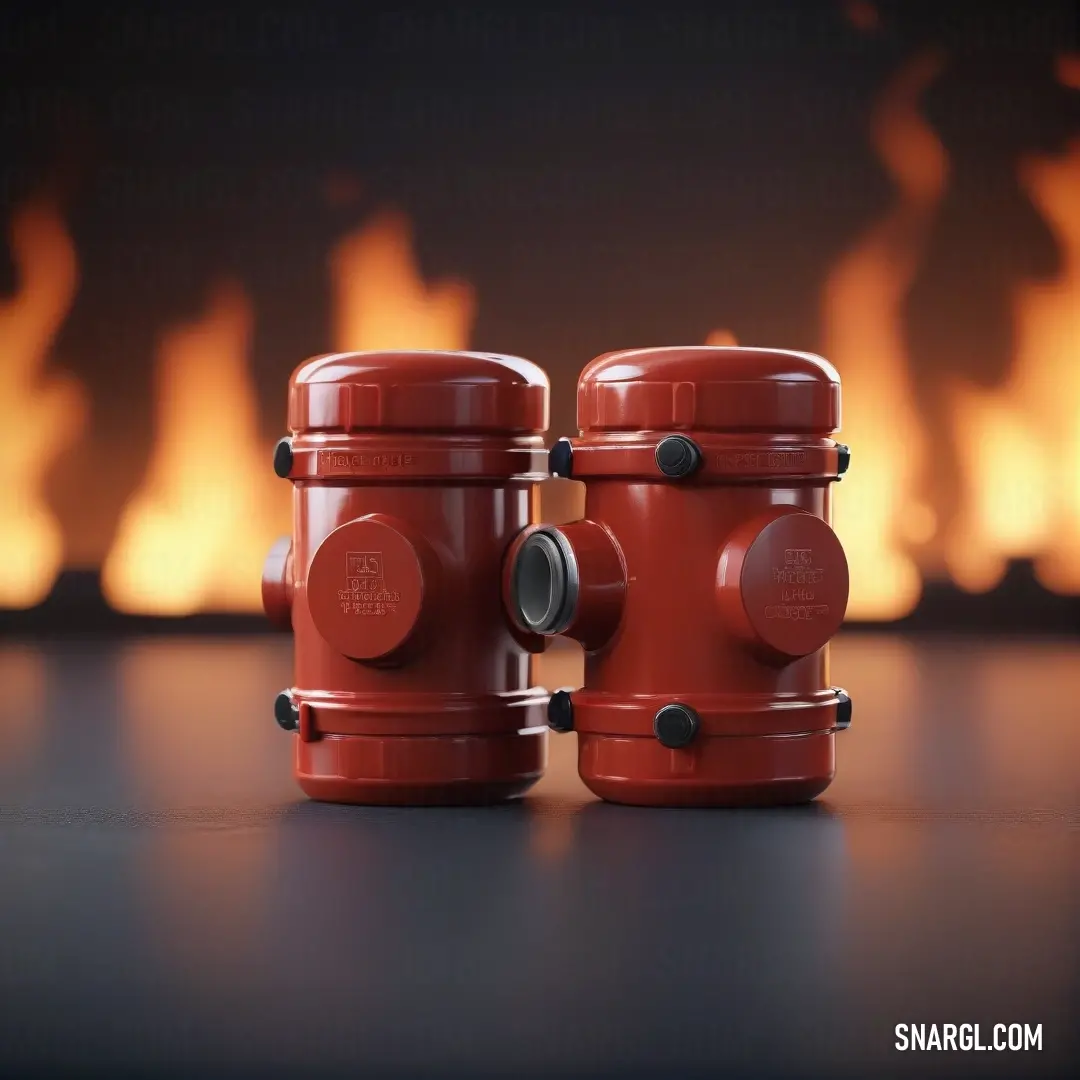 Two striking red fire hydrants stand side by side on a cozy table, amid flickering flames from a nearby fireplace, creating a warm contrast and exuding a sense of safety and nostalgia with color #5E2D5D.