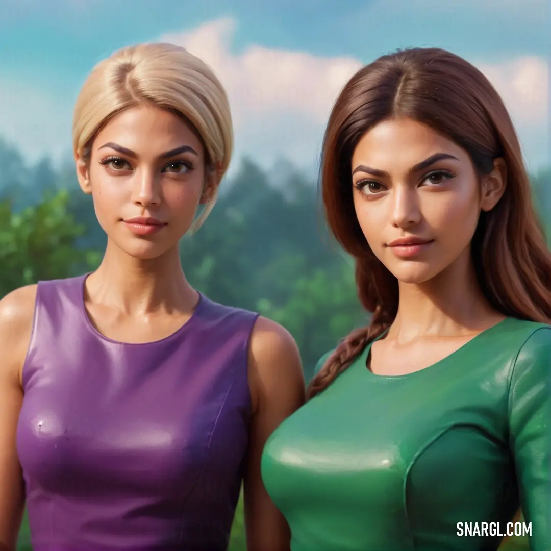 Two women in leather dresses standing next to each other in front of a forest and sky background. Color PANTONE 519.