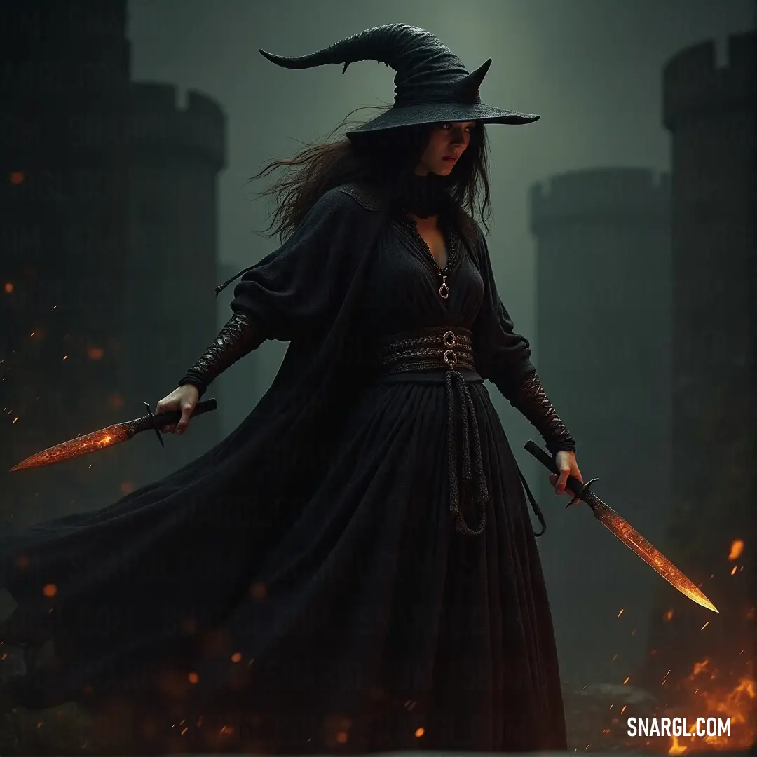 A dark and intriguing image featuring a woman dressed in a black dress and witch hat, holding two large knives confidently. Her intense gaze and fierce demeanor create a captivating sense of mystery and power. CMYK color reference: 65, 95, 9, 40.