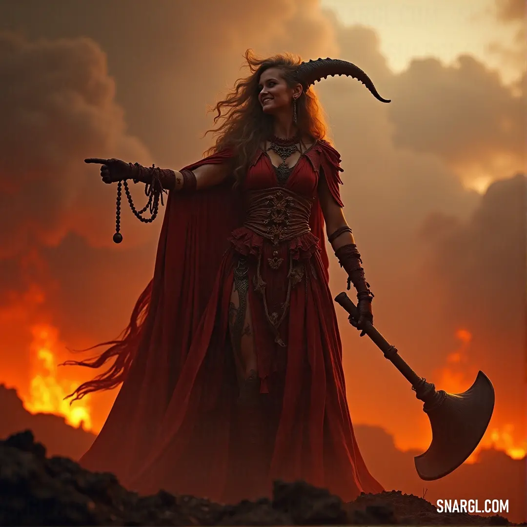 A fierce woman dons a striking red dress, confidently wielding a large axe while showcasing a demon-like headpiece with horns, embodying power and boldness against a dramatic backdrop.