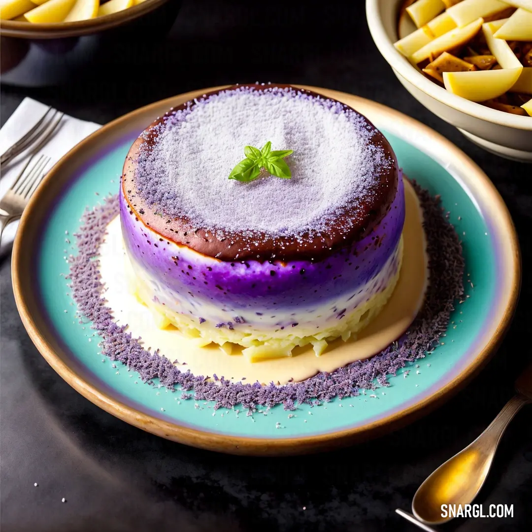 Cake with purple icing and a green leaf on top of it on a plate with other plates of food. Example of #664559 color.