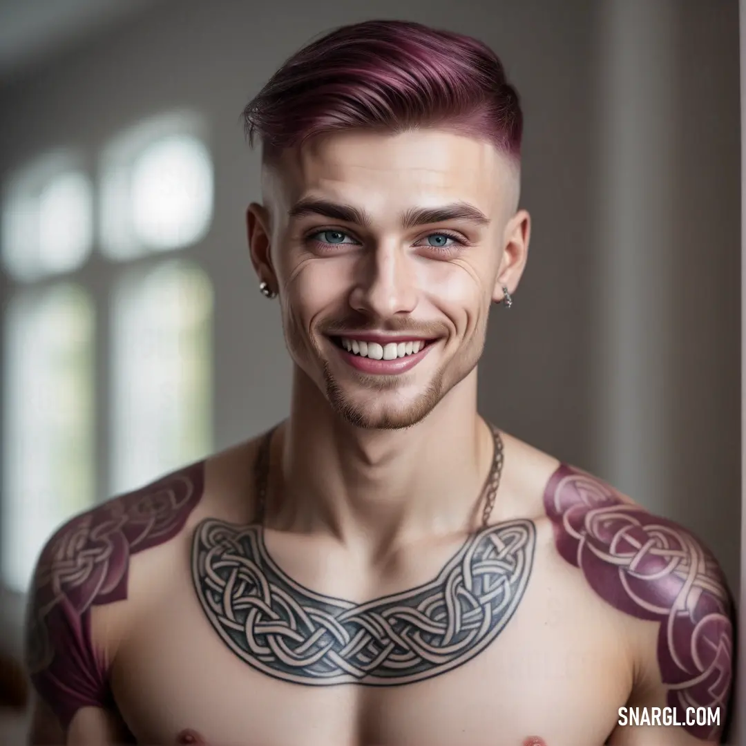 Man with a tattoo on his chest smiling at the camera with a smile on his face and chest. Color CMYK 44,74,21,58.
