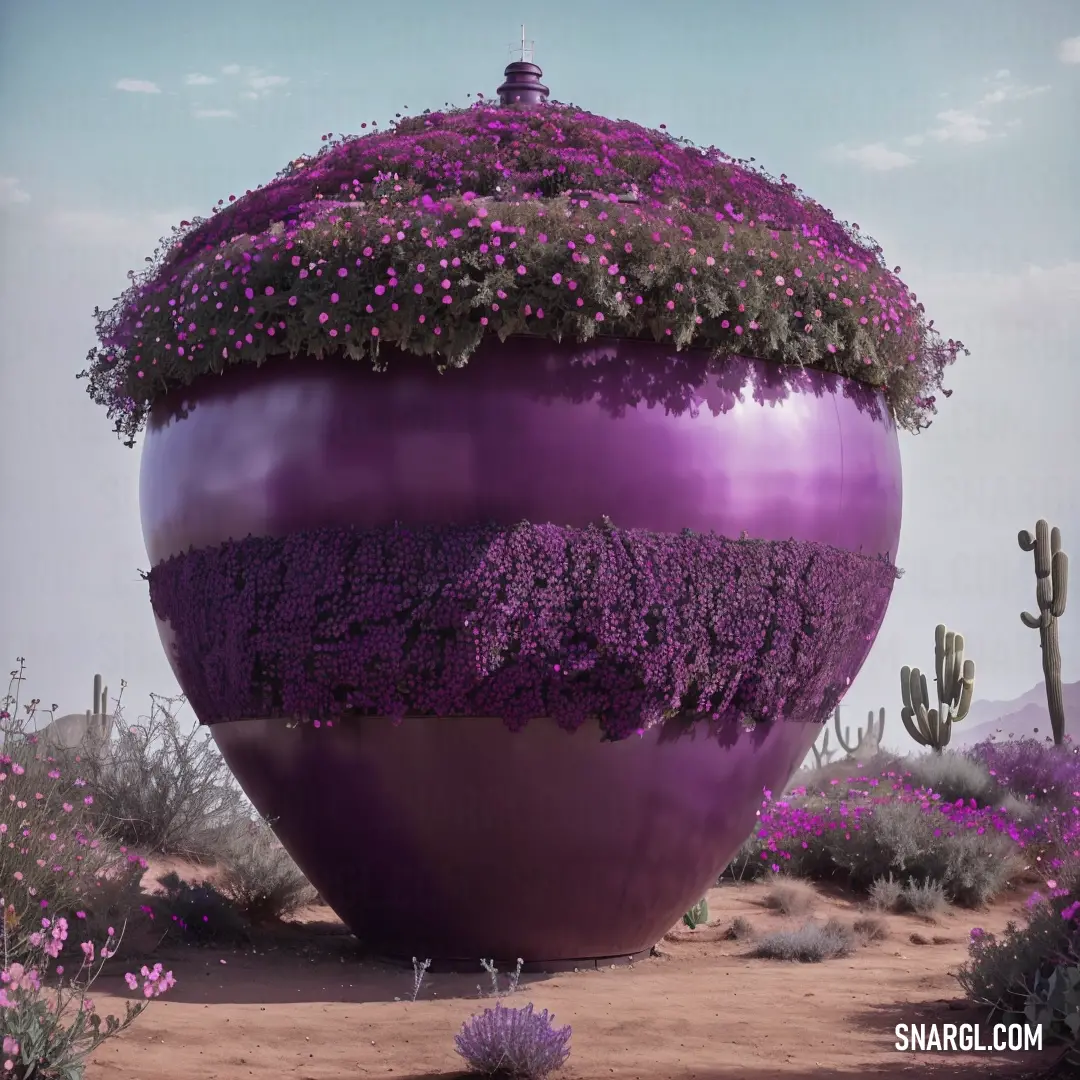 Large purple ball with a lot of flowers on it in the desert with cactus and cacti. Color PANTONE 520.