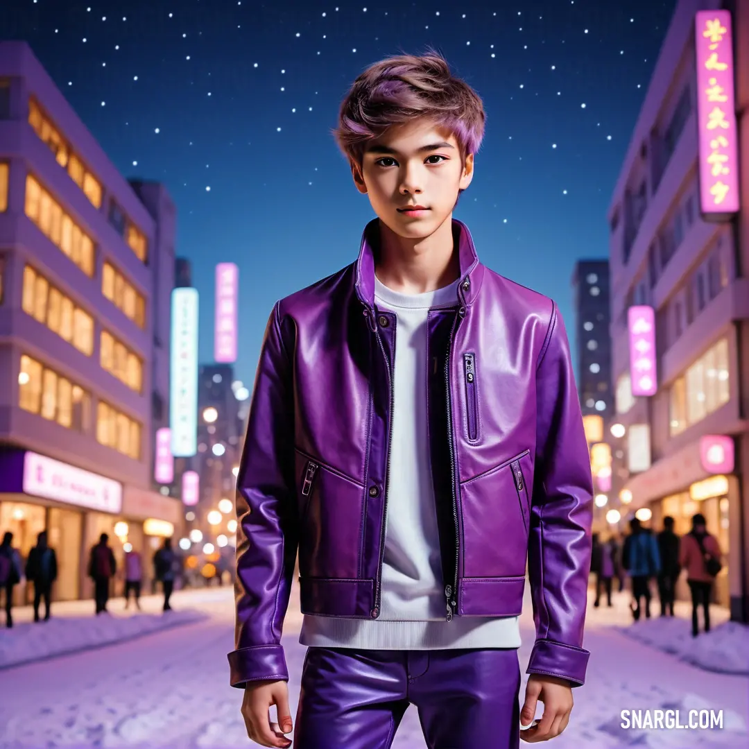 PANTONE 520 color. Man in a purple leather jacket and tie standing in a city street at night with buildings and stars in the sky