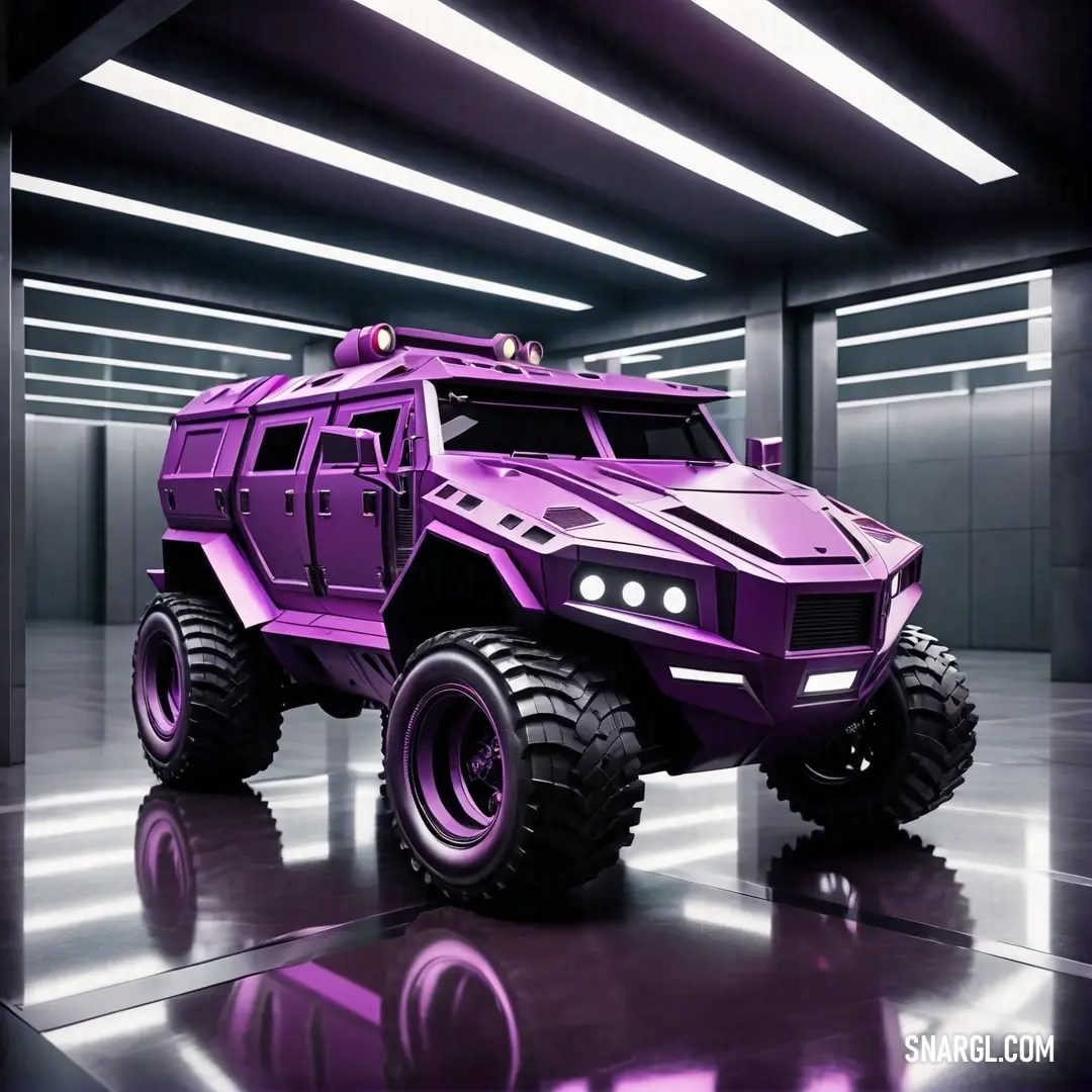 PANTONE 520 color. Purple vehicle is parked in a dark room with lights on it's sides and a black floor