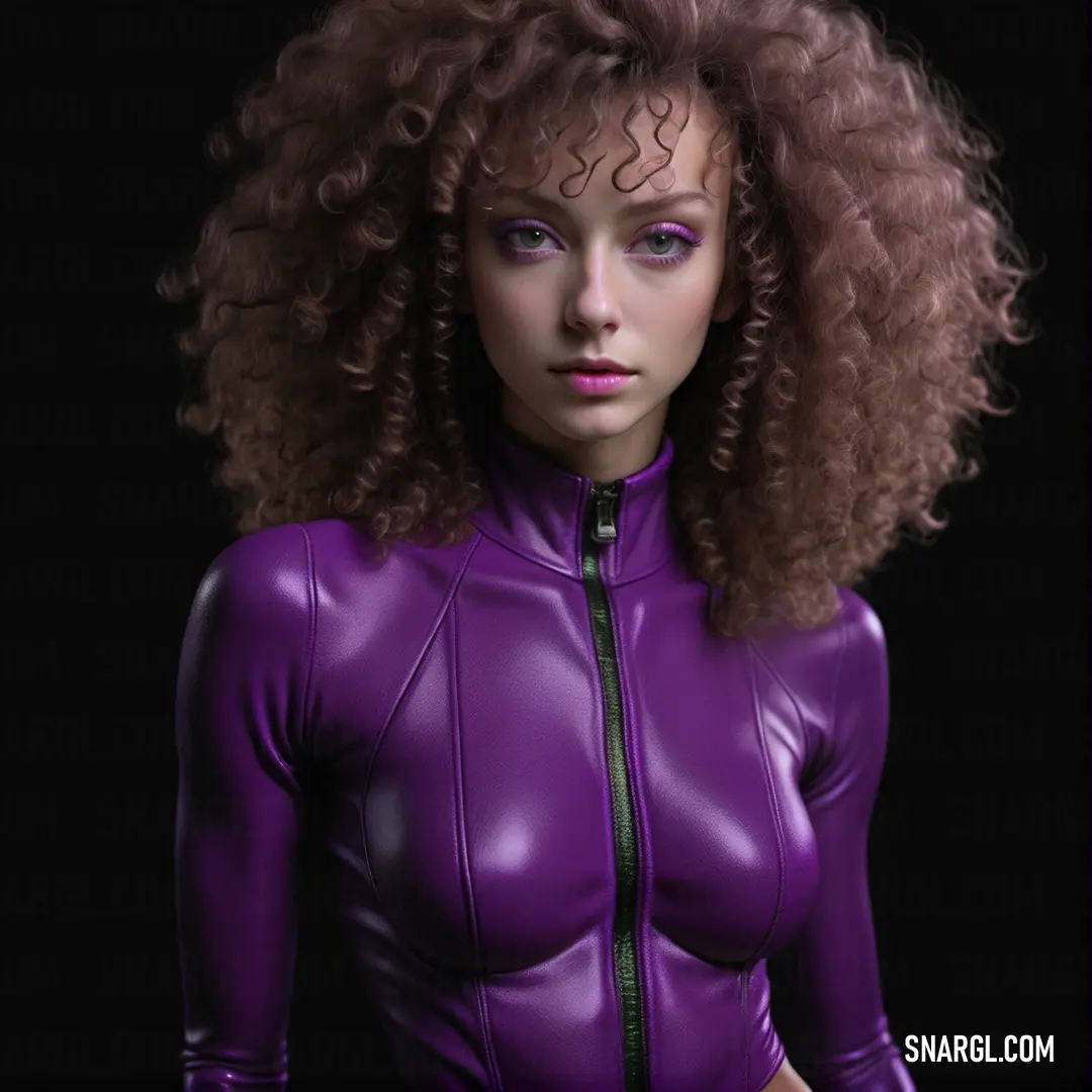 Woman with a purple leather outfit and a curly haircut is posing for a picture in a dark background. Example of #6A3274 color.