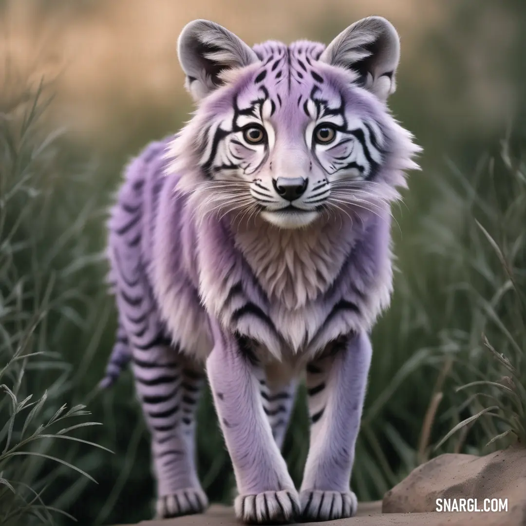 White tiger walking across a lush green field next to a rock and grass covered hillside with a rock in the foreground