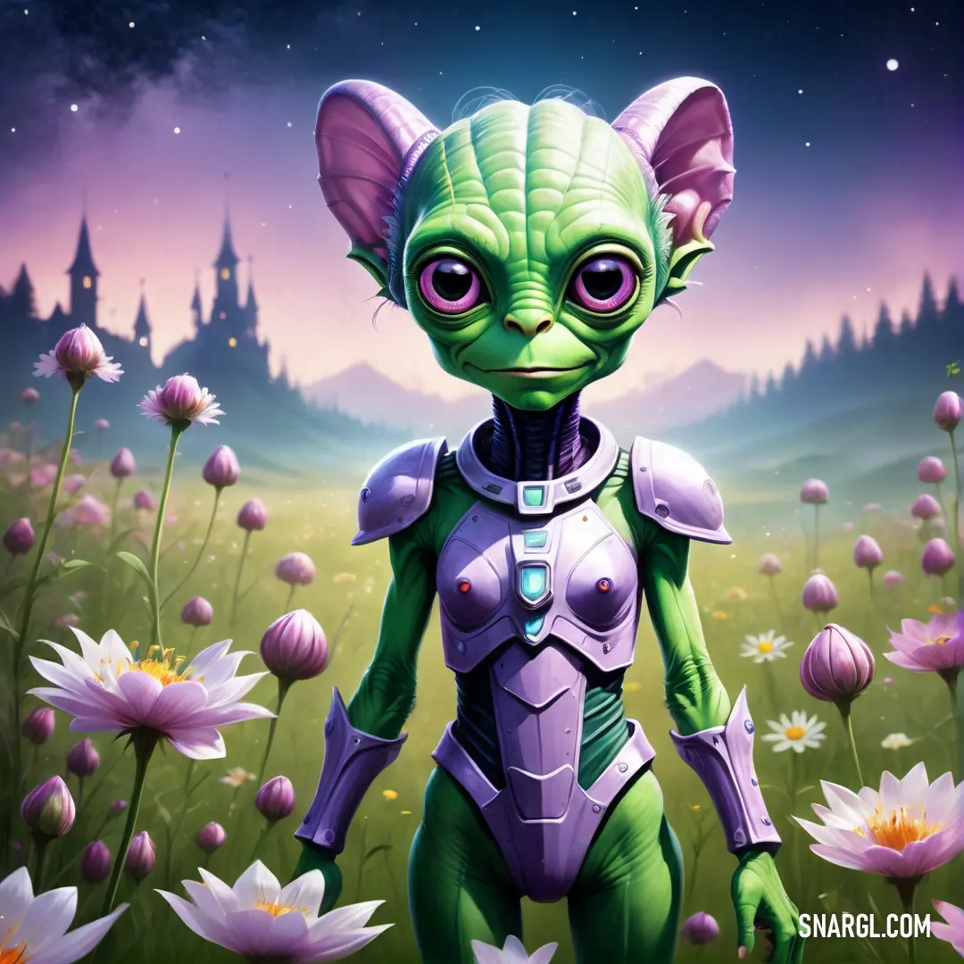 Cartoon alien standing in a field of flowers with a castle in the background and a purple sky with stars. Example of RGB 179,152,169 color.